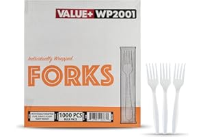 Value Plus (1000 Count) White Disposable Fork, Individually Wrapped Heavy Weight Polypropylene Cutlery for Birthday Party, Pi