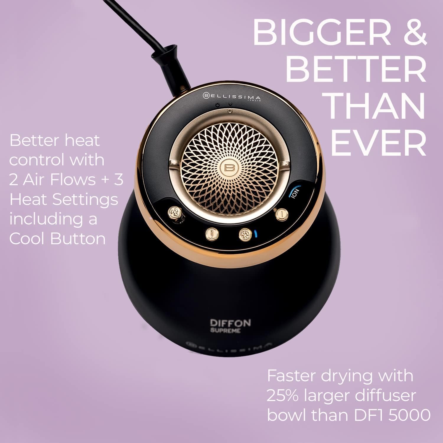Bellissima Italia Diffon Supreme Diffuser & Curly Hair Dryer - XL Diffuser for Long Waves, Curls, Coils - Cool Button - Anti-Frizz Technology