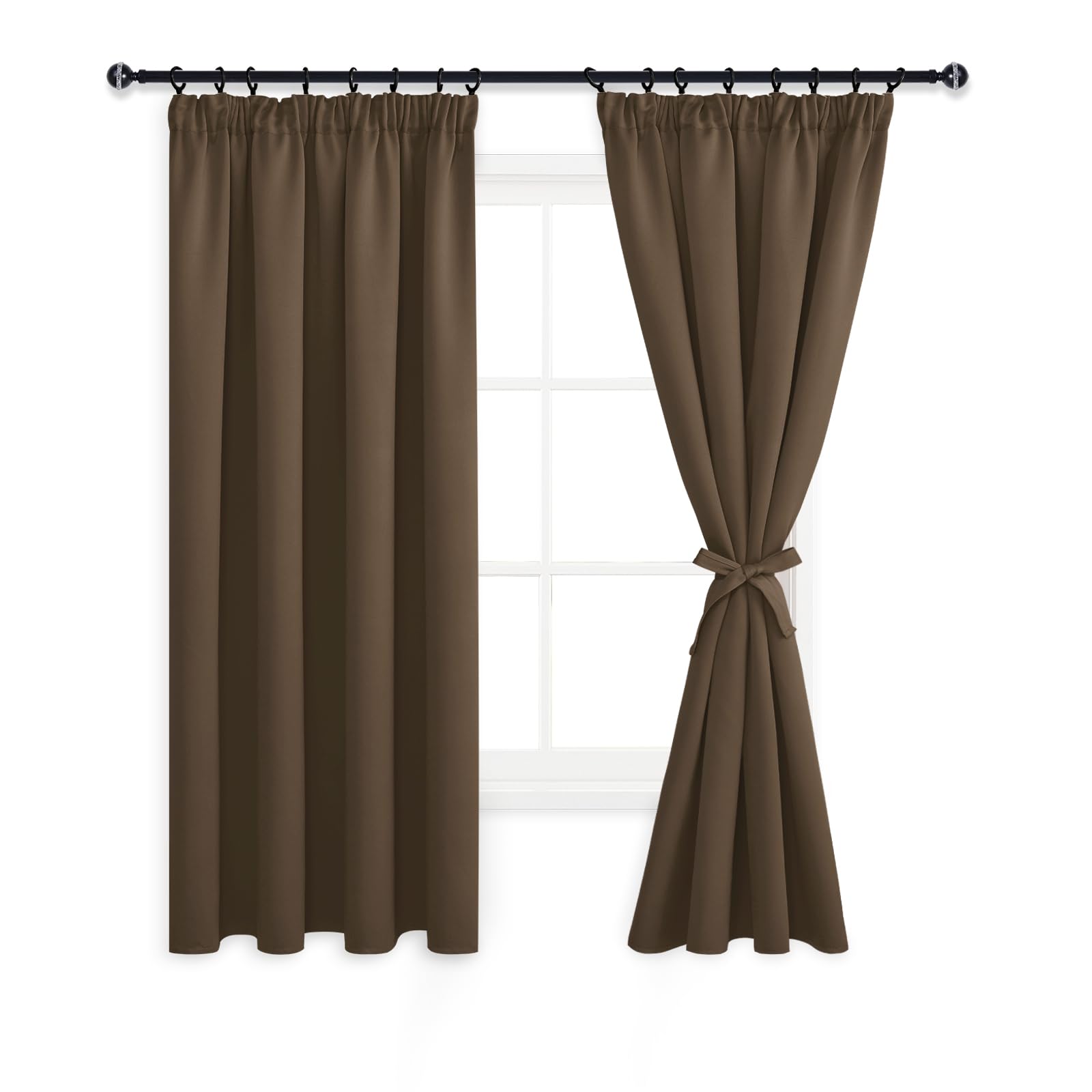 DWCN Blackout Curtains for Bedroom Thermal Insulated Curtain with Tiebacks Pencil Pleat Curtains for Living Room 46 x 54 inch Length, Brown, 2 Panels
