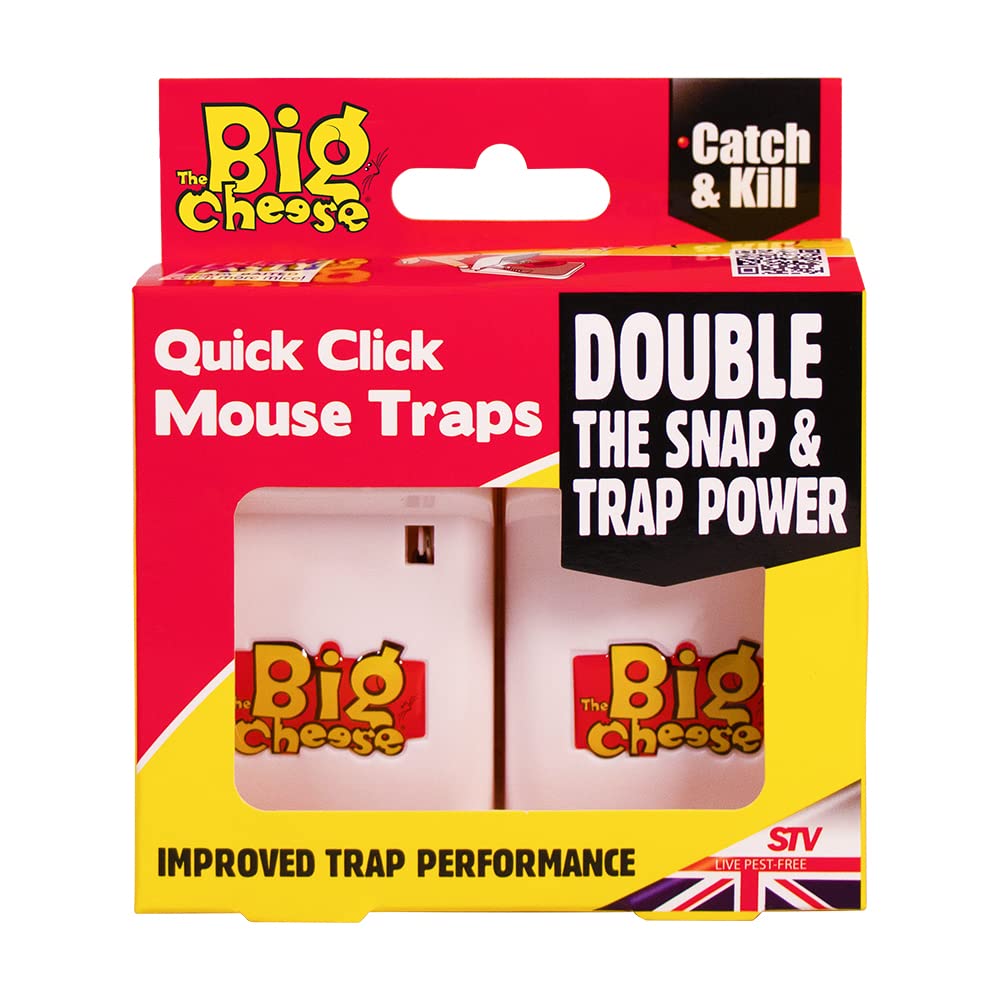 The Big Cheese Quick Click Mouse Trap - Twinpack, Kills Mice, Baited and Ready-To-Use, Easy Clean and Disposal, Plastic, Indoor and Outdoor Use, White