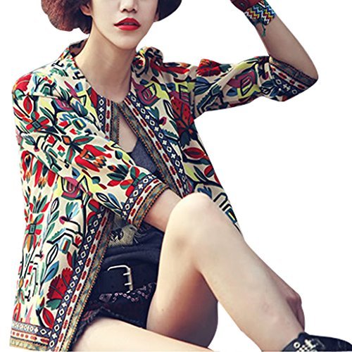 Buenos Ninos Women's 3/4 Sleeve Ethnic Embroidery Cardigan Retro Printed Flyaway Jacket Coat Beige XXL