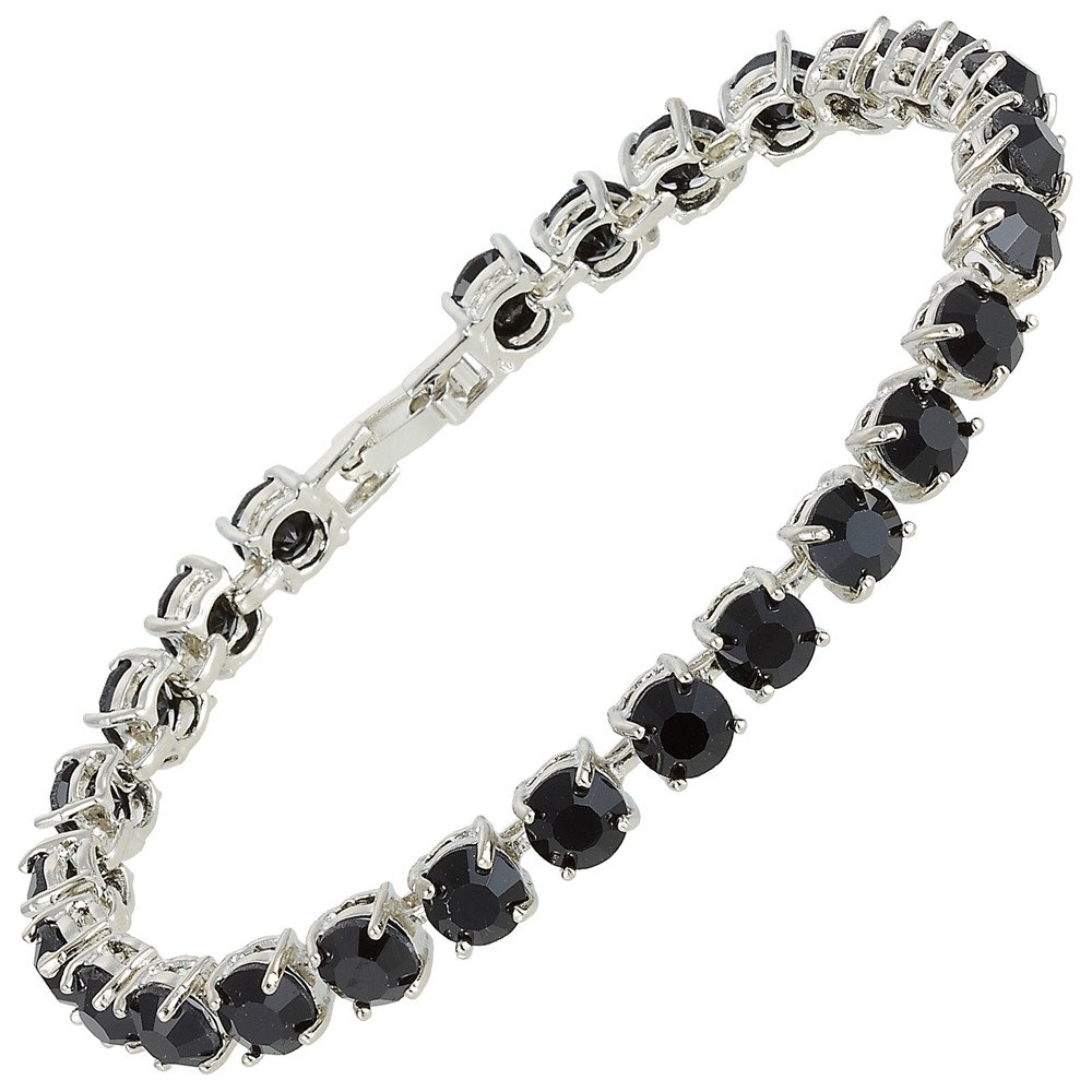 RIZILIA Tennis Bracelet [18cm/7inch] with Round Cut Gemstones CZ [Black Onyx] in 18K White Gold Plated, Simple Modern Elegance — image 1