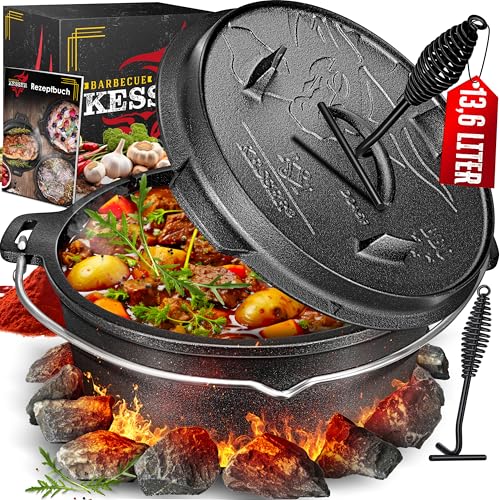 KESSER® Dutch Oven Set BBQ 13,6 Liter Feuertopf Schmortopf, Gusseisen Topf mit Deckelheber Henkel und Schlitz für Themormeter, kochkessel Grilltopf Gu