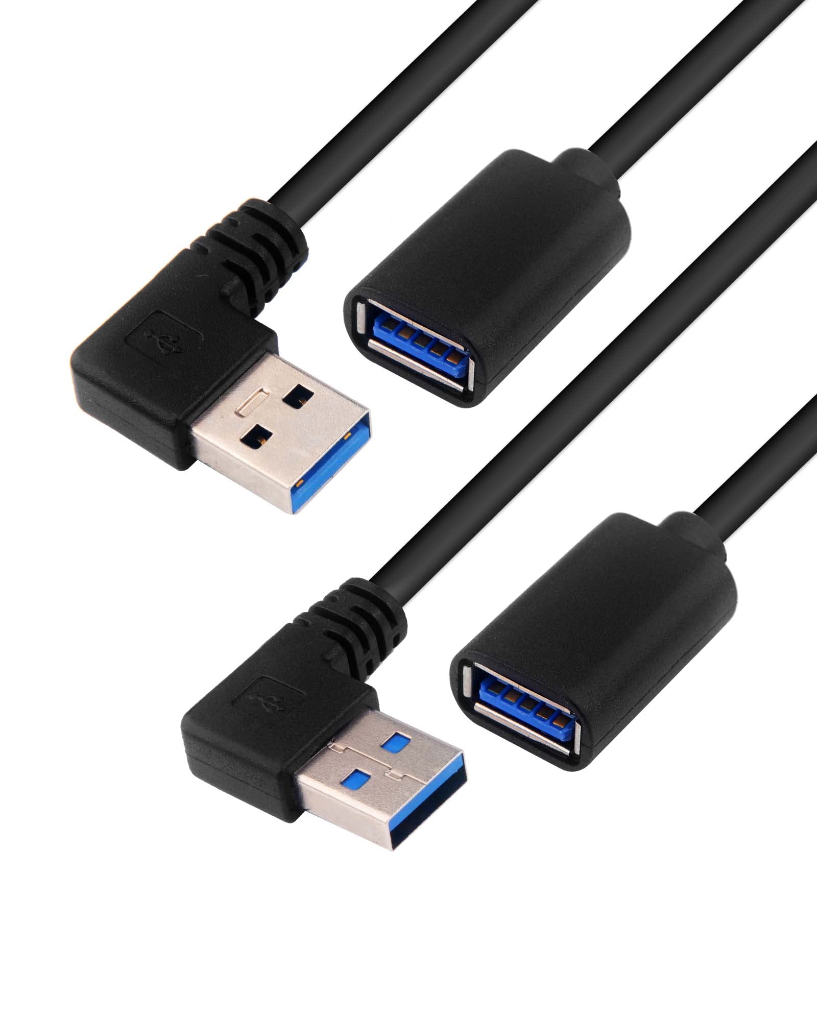 USB Extension Cable Left+Right, USB A Male to A Female USB 3.0 Extension Cord Data Transfer Extender Cable with Gold-Plated Contacts for USB Flash Drive/Hard Drive (Left+Right, Black, 30cm, 2 Pack)