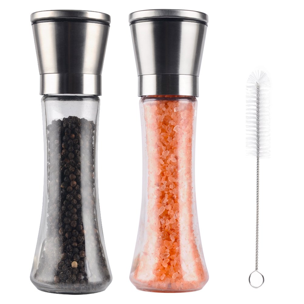SHiZAK Set of 2 Salt and Pepper Grinder, Spice Grinder with Adjustable Coarseness Ceramic Rotor, Stainless Steel Pepper Shakers with 1 pcs Cleaning Brush