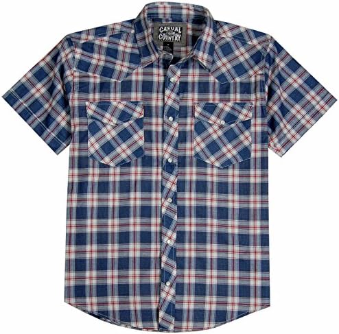 Men's Classic Plaid Short Sleeve Casual Western Shirt; Pearl Snap Front (Large, Flag)
