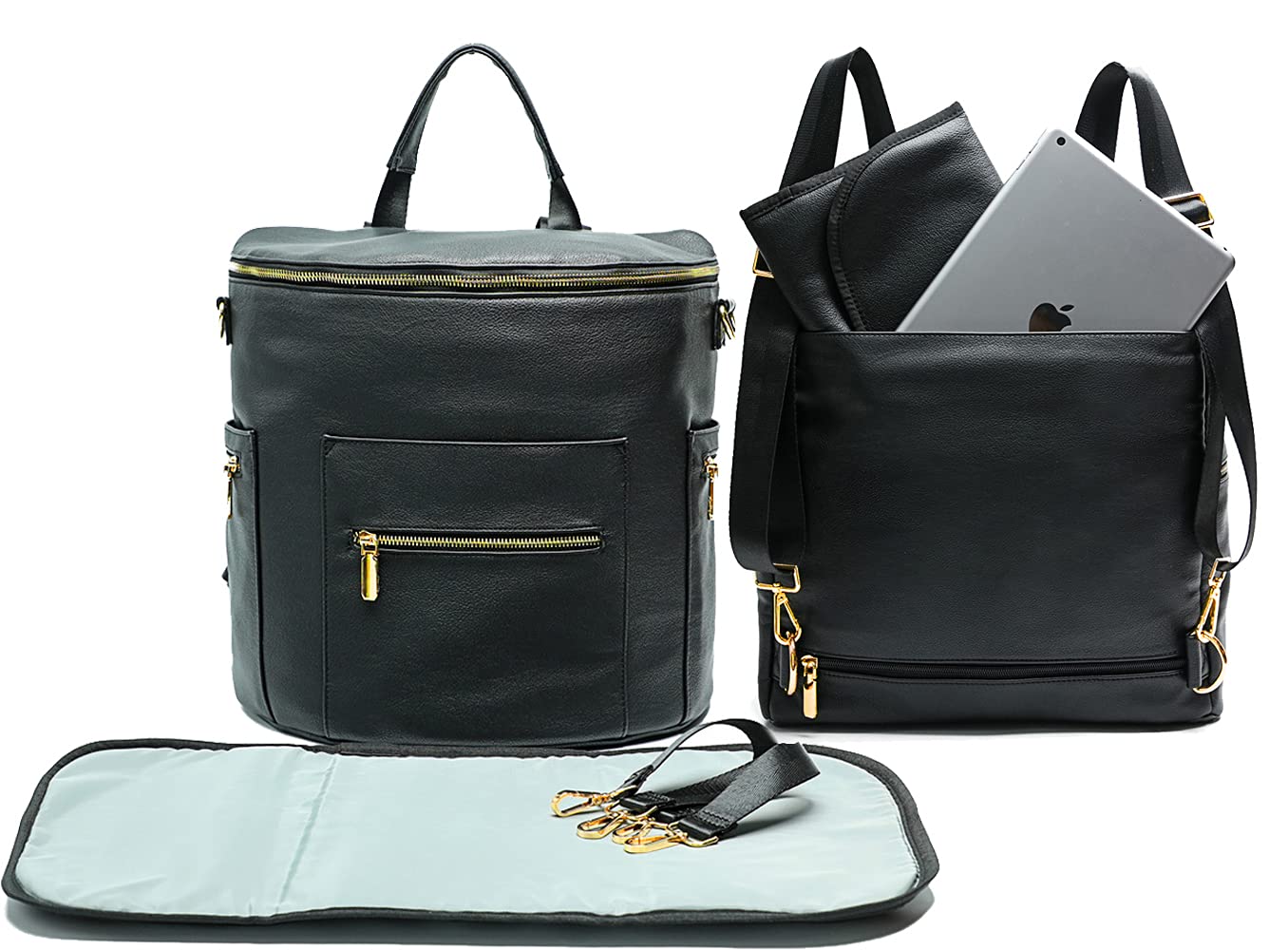 Leather Diaper Bag Backpack by Miss Fong,Baby Registry Search,Backpack Diaper Bag with Changing Pad,Wipes Pouch,Diaper Bag Organizer,Stroller Straps and Insulated Pockets (Black Convertible)