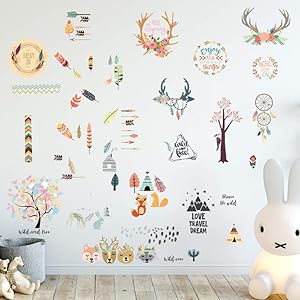 Boho Room Décor Adhesive Wall Decals - JesPlay Wall Décor Stickers Include Wall Decals of Boho Style, Dreamcatcher, Flowers & More - Removable Wall Decor for Bedroom, Living Room, Nursery, Classroom