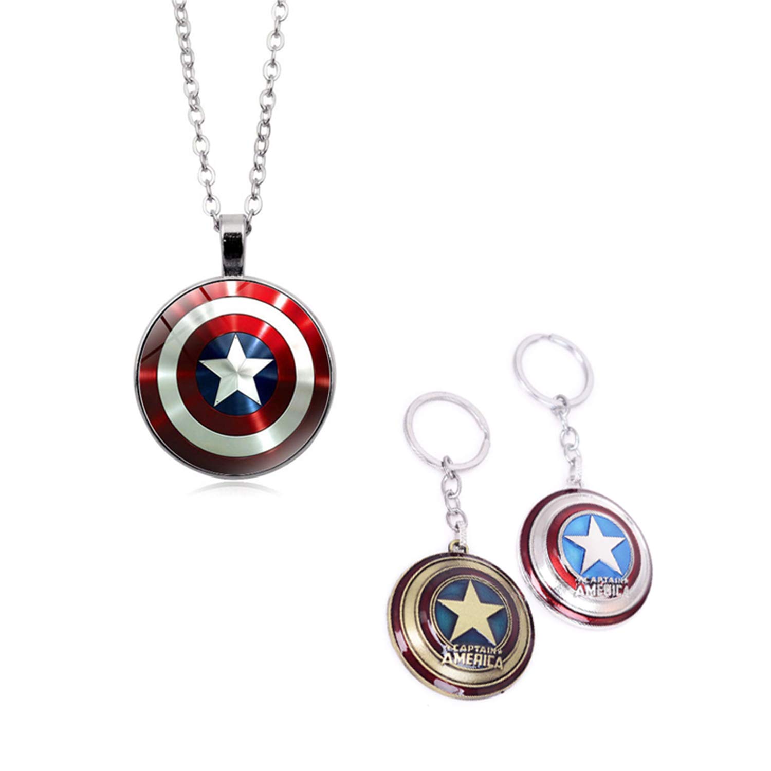 YouU 2 Pcs Cute Captain Shield Necklace Keychain Set-Metal Decor Men keyring Pendant Charms Gifts for Best Friend/collections, Silver