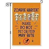 Gkodw Zombies Habitat Please Do Not Pet Or Feed May Bite Garden Flag, Zombies Welcome Halloween Flag, Funny Skull Yard Sign for Outside, Spooky Season Outdoor Porch Lawn Fall Halloween Decor