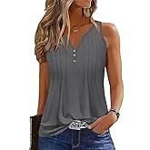 GUNEST Womens Summer Tank Tops V Neck Sleeveless Buttons Pleated Casual Shirts Dressy Loose Fit Tshirts Blouses
