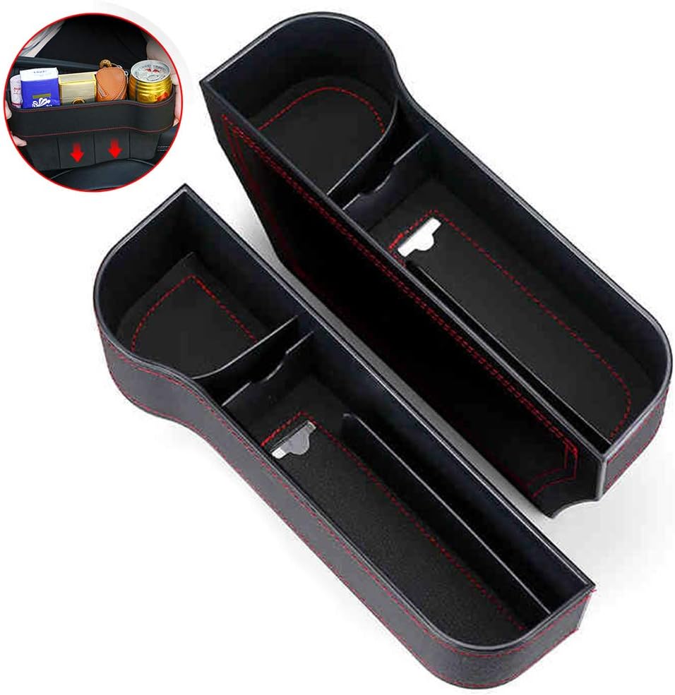 Vooteen Car Seat Gap Filler, Seat Gap Filler with Cup Holder 2 Pack, Premium Pu Leather Seat Console Organizer Pocket and Car Headrest Hooks