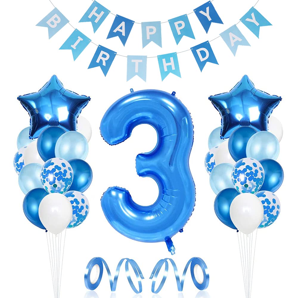 Unisun 3rd Baby Boy Birthday Decorations, White Blue Balloons Set Party Decoration with 40 Inch Blue 3 Number Balloon, Happy Birthday Banners, Star Foil Balloons for 3 Year Boy Birthday Baby Shower
