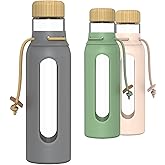 HY3 Borosilicate Glass Drinking Bottle with Bamboo Lid and Silicone Sleeve, 22 oz Reusable Water Bottle with Carry Cord for Travel, Leak Proof, BPA-Free (Storm Gray)