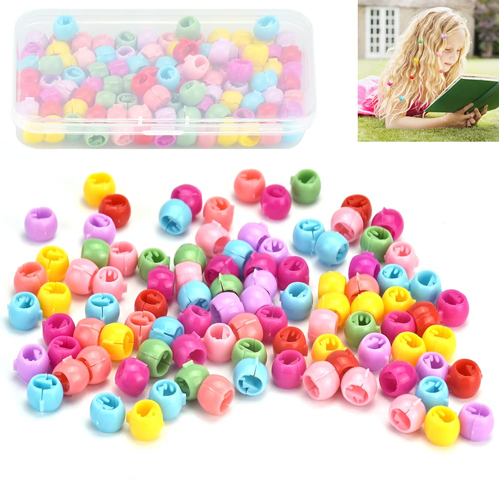 STCRERAG Mini Hair Claw Clips,100 PCS Hair Beads Claw Candy Color Round Hair Clips Colorful Bead Plastic Hair Pins Clips Small Hair Claws with a Storage Box for Girls Women Accessory (Random Color)