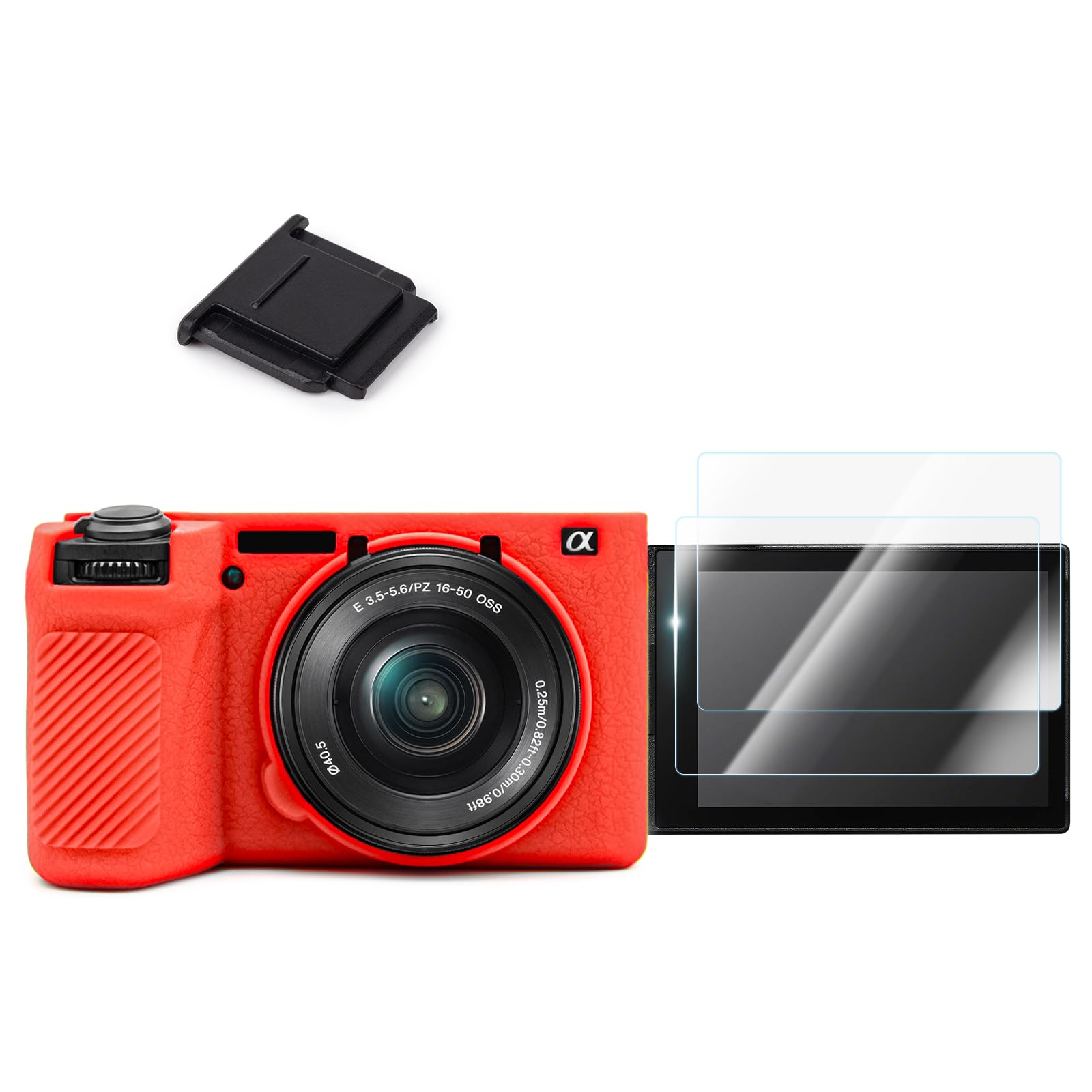 A6700 Camera Case Accessories Kit - Silicone Protective Case for Sony Alpha 6700[Red] & LCD Screen Protector for Sony A6700[2 Packs] & Camera Hot Shoe Cover for A6700