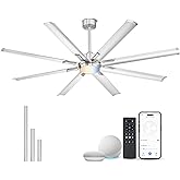 JAZAVA 72 Inch Bruehed Nickel Ceiling Fan With Light,Smart Fan Work With Alexa,Industrial Ceiling Fan With 8 Aluminium Metal Blades,Ideal for Courtyard,Patio and Living Room,CF04BN-72