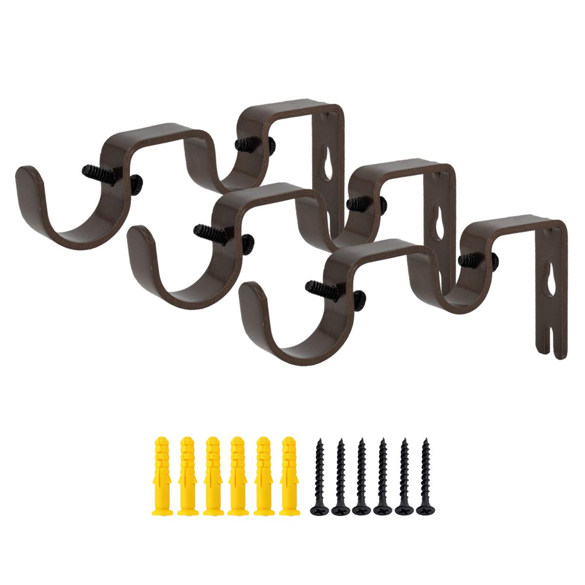 OVOV Double Curtain Rod Bracket 3 Pack Heavy Duty 1 and 5/8 Inch Curtain Rod Holders for Bedroom Living Room Brown