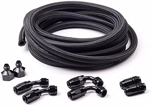 SUNROAD 6AN 12Ft Universal Braided Oil Fuel Line Hose Stainless Steel Nylon with 6PC AN-6 Swivel Hose Ends & 2PC AN-6 to AN-10 Fuel Tank Fitting Adapters Kit-Black