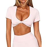 Dressmine Womens Short Sleeve Crop Workout Tops Twist Deep V Neck T Shirts Pilates Outfit Ballet Yoga Gym Athletic Tee
