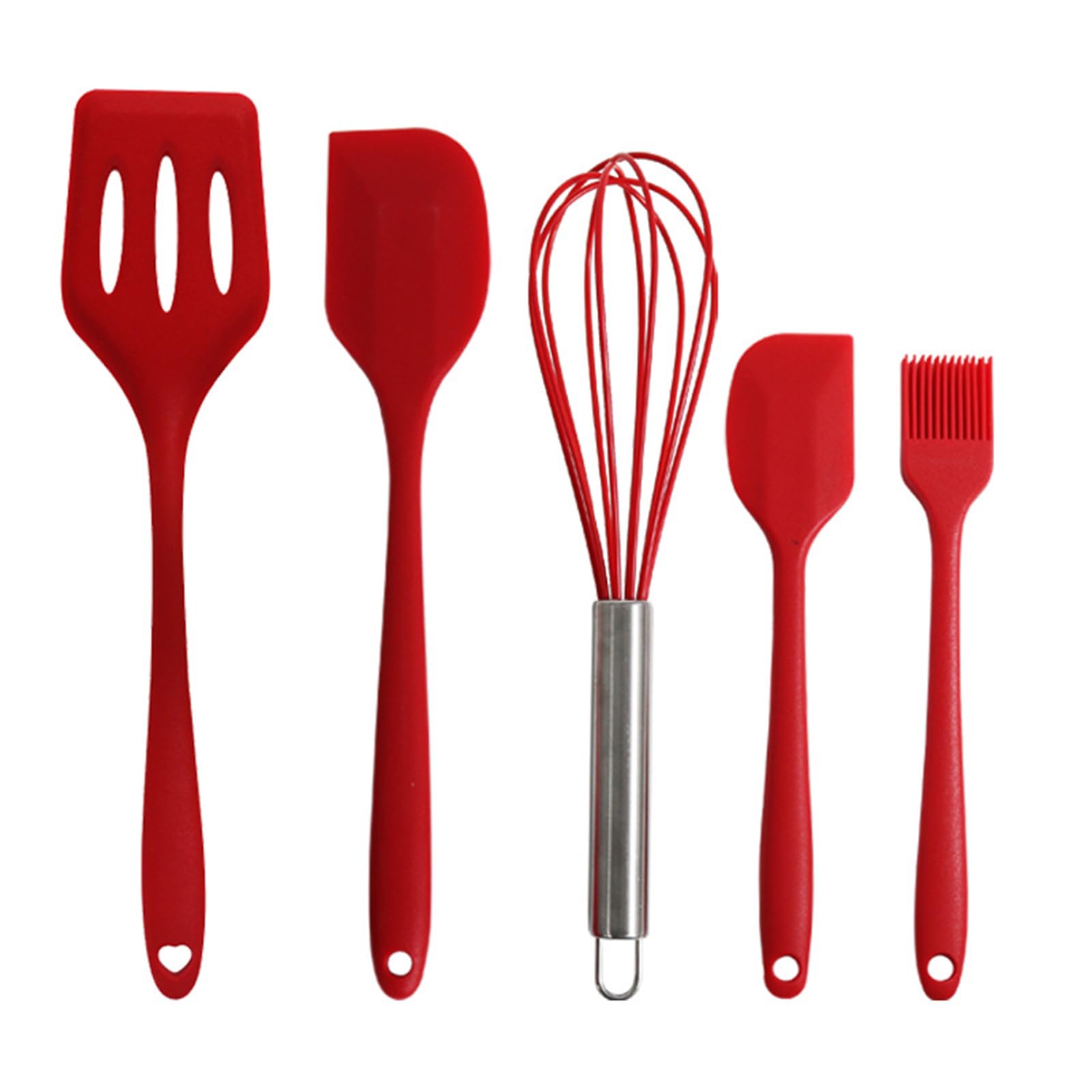 Silicone Rubber Kitchen Supplies Set Baking Tools 5PCS (Small Scraper + Large Scraper + Egg Beater + Leak Spatula + Small Oil Brush) Red — image 1