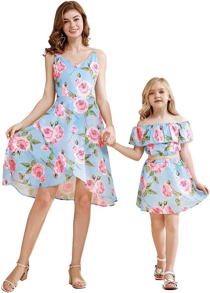 Yaffi Mommy and Me Dresses Floral Printed Ruffles Strappy Cami Matching Dress for Mother and Daughter