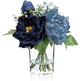 WELL KNOWN Artificial Flowers in Glass Vase with Fake Water, Silk Peony Flower Bouquet for Home Dinning Tea Table, Office Desktop, Hotel, Wedding, Party, Lavatory Decor & Gift (Navy Blue & Light Blue)
