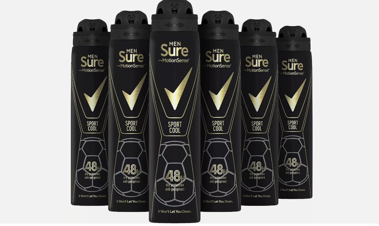 Sure Sport Cool 48h protection against sweat and odour Anti-perspirant Aerosol MotionSense technology deodorant for Men 250 ml pack of 6