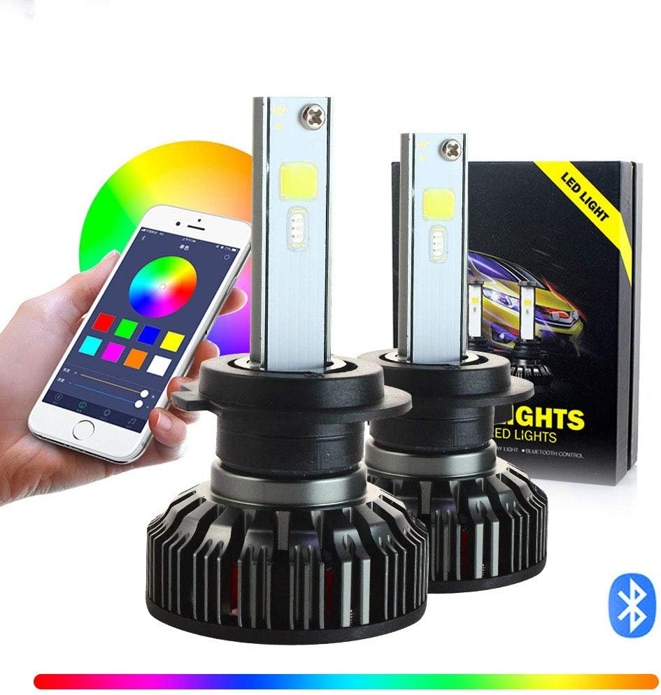 Yourshops RGB Headlights RGB LED Headlights 7 RGB Headlights RGB Colorful LED Car Headlights Sound Control APP Ultra Bright (2 Pack) (9007/HB5)