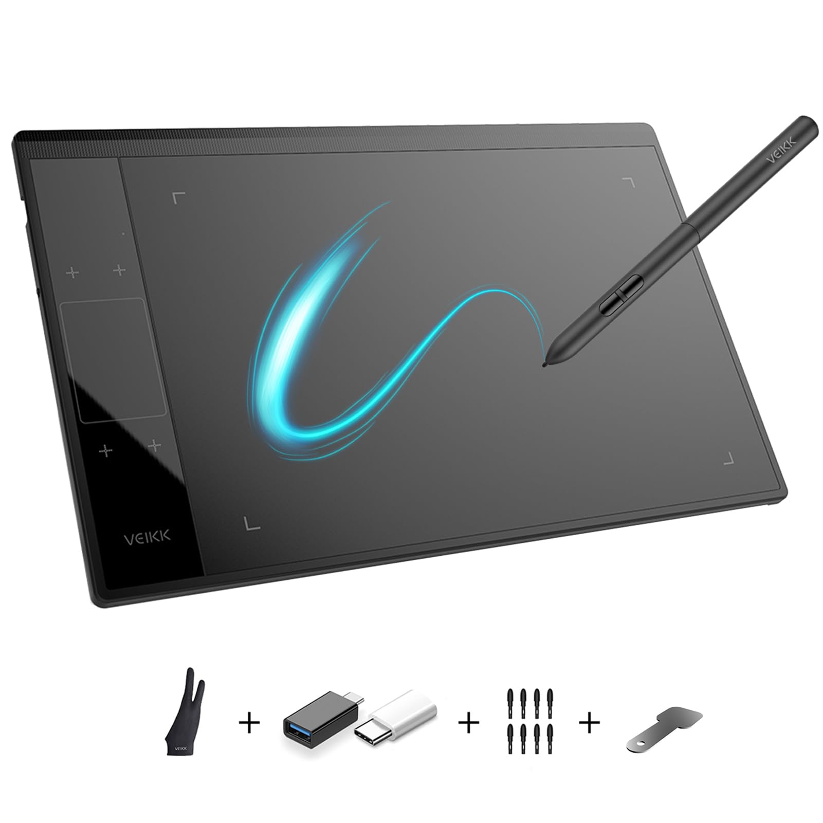VEIKK A30 10x6 Inch Drawing Tablet Graphics Tablet with Battery-free pen, 8192 Professional Levels Pressure, 4 touch keys and 1 gesture pad(extra OTG, glove and film included)