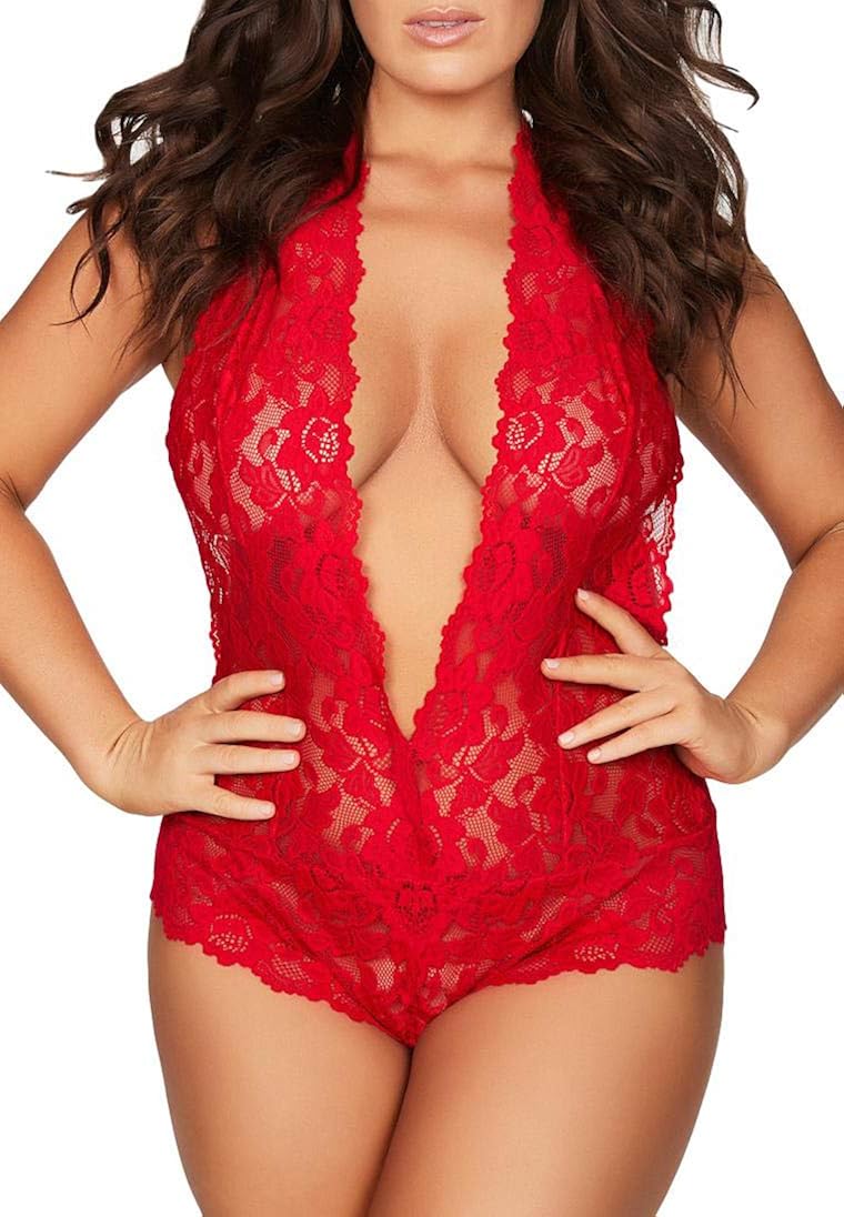 Lingerie for Women Plus Size, Sexy Open Back Halter Plunging Teddy One Piece Scalloped Trim Lace Bodysuit at  Women’s Clothing store