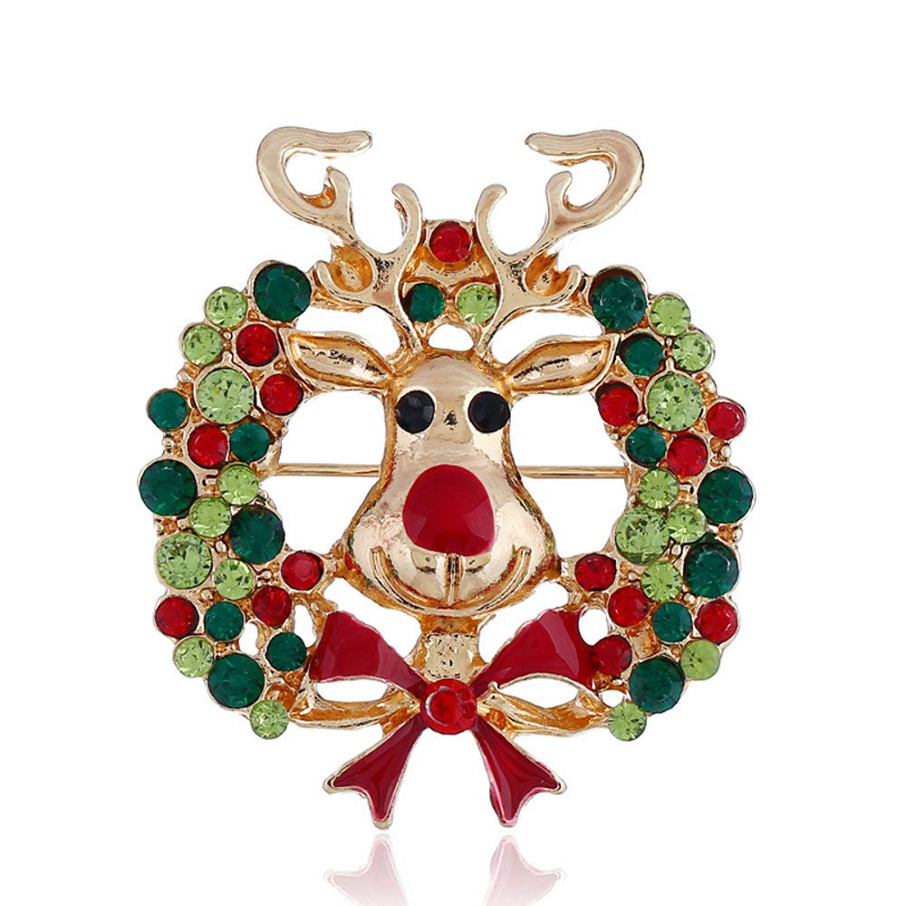 Deer Wreath CZ Brooches for Women Men Girls Gold Tone Vintage Fashion Colorful Austrian Crysta Red Nose Cute Animal Brooch Pin Bow Tie Necktie Dress Accessories Jewelry Unisex Christmas Gifts