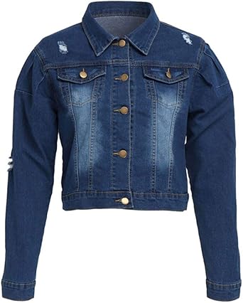 cropped denim jacket with puff sleeves