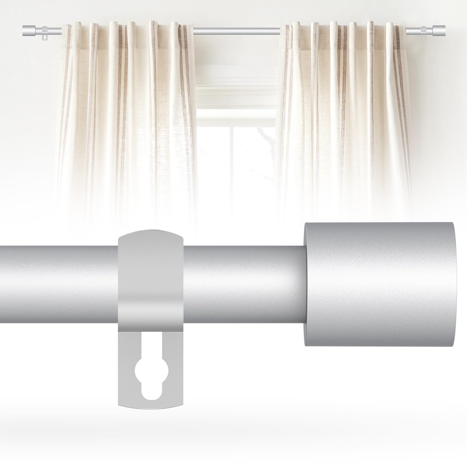 Curtain Rod for Windows 30 to 60 Inch, 5/8 Inch Silver Adjustable Curtain Rod with 2 Brackets, Easy Installation and Simple End Caps, For Living Room, Bedroom, Outdoor