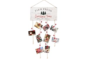 Toekt Christmas Card Holder Farm Fresh Wall Hanging Card Display Picture Holder with 30pcs Snowflake Wooden Clips for DIY Christmas Cards Photos Craft Home Office Wall Decor