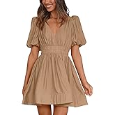 BWQ Women Mini Dress Short Puff Sleeve Sexy V Neck Dress A-line Elastic High Waisted Casual Flowy Summer Dresses