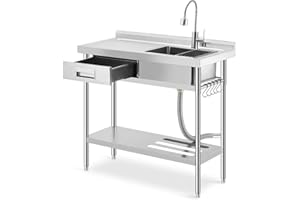 EXPLOREHORIZON 39.4 X 19.7 x 38.6 Inch Stainless Steel Utility Sink, Freestanding Single Bowl Kitchen Sink with Drawer, Pull-Out Hot & Cold Faucet, Built-in Drain Basket, Dish Rack for Laundry Room, Garage