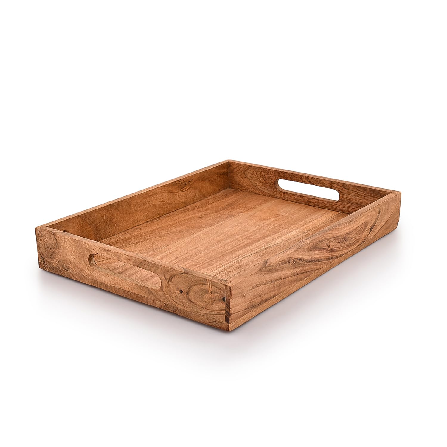 Kaizen Casa | Wooden Rectangular Serving Tray, 16" x 12" x 2", Brown Acacia Wood
