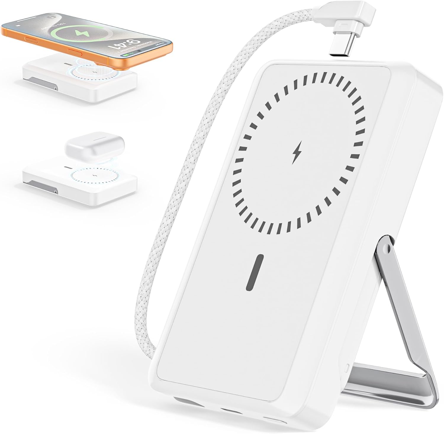 Magnetic Power Bank Wireless Portable Charger, 10000mAH Power Bank for Magsafe Battery Pack with Foldable Stand Built-in USB C Cable, 22.5W Fast Charging Travel Essential for iPhone 17 16 15 14 13 12
