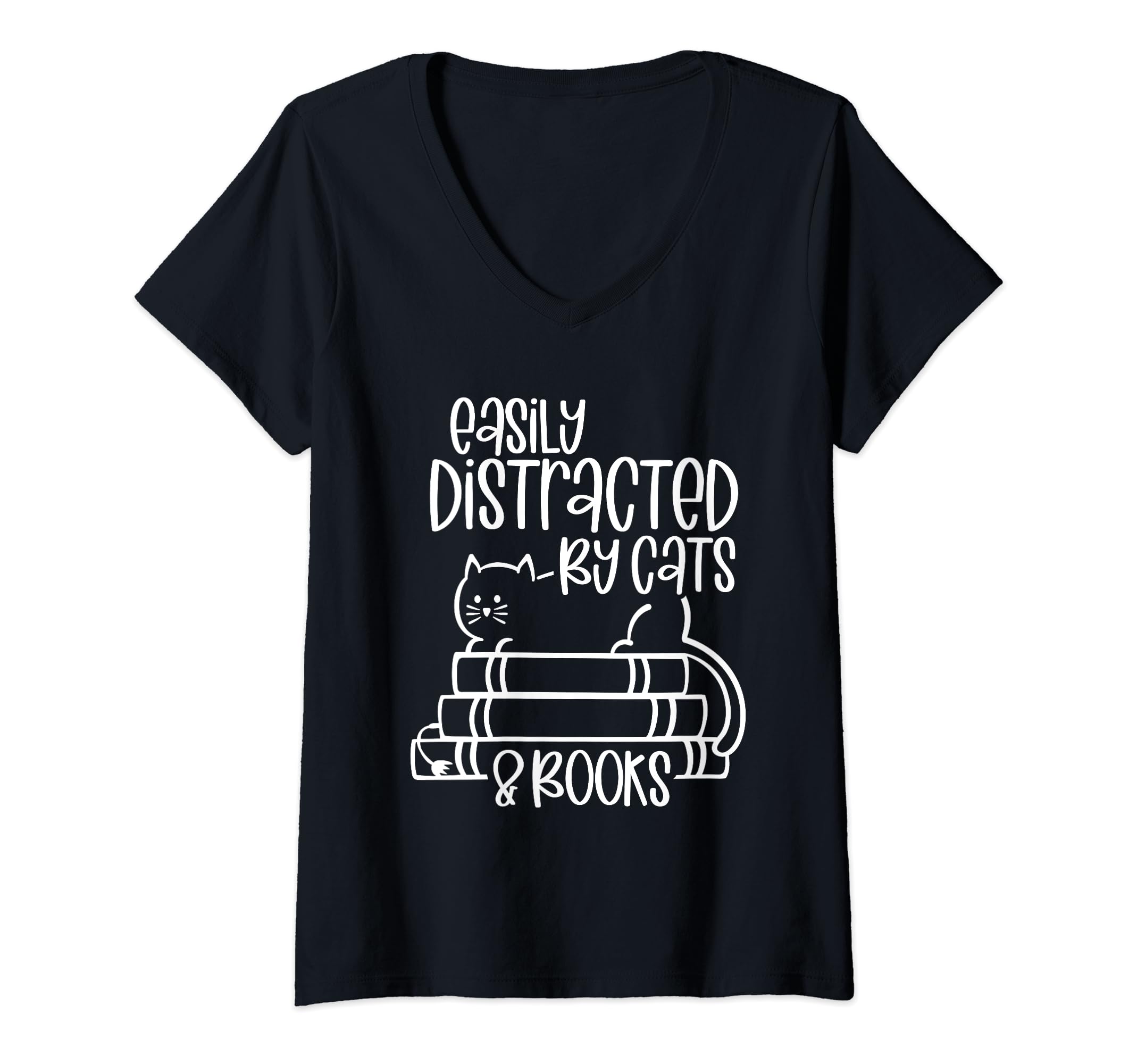 Womens Cat and Book Lovers Easily Distracted by Cats and Books V-Neck T-Shirt
