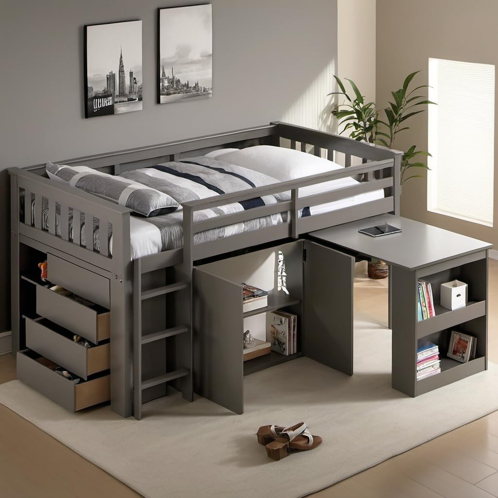 Photo 1 of **ONLY BOX 3 OUT OF 3**
PVWIIK Twin Size Low Loft Bed with Storage Drawer & Desk for Kids,Wood Loft Bed w/Shelf,Space Saving,No Box Spring Needed,Grey