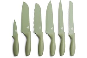 GreenLife 6 Piece Kitchen Knife Set, Rust-Resistant Nonstick Coating, High Carbon Stainless Steel Knives, Blade Guards, Razor