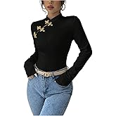 SOLY HUX Women's Long Sleeve Cheongsam Top Mock Neck Slim Fitted Elegant T Shirt Going Out Tops