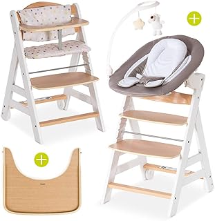 Hauck Beta Plus Newborn Set Deluxe - Baby Holz Hochstuhl ab Geburt mit Liegefunktion - inkl. Aufsatz für Neugeborene, Sitzpolster, Tisch - mitwachsend, verstellbar - Weiß Natur