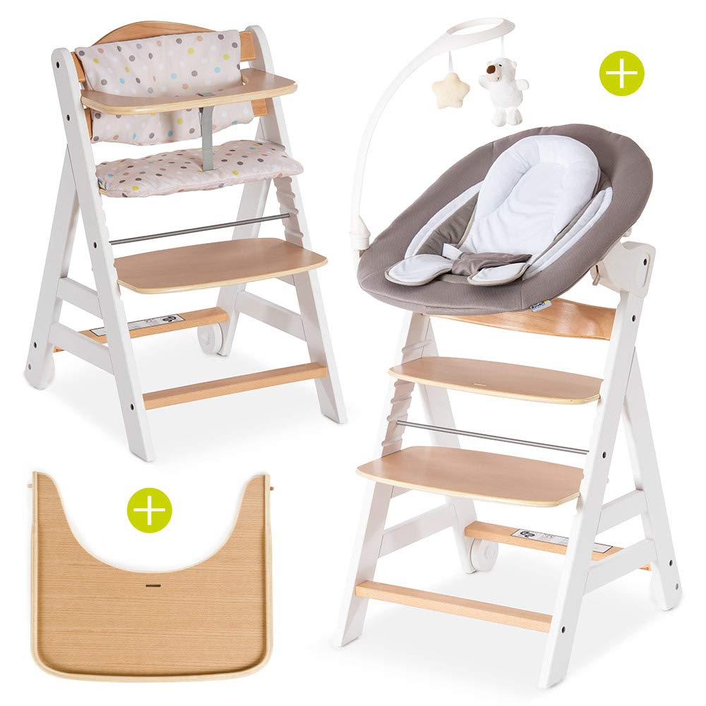 Hauck Beta Plus Newborn Set Deluxe - Baby Holz Hochstuhl ab Geburt mit Liegefunktion - inkl. Aufsatz für Neugeborene, Sitzpolster, Tisch - mitwachsend, verstellbar - Weiß Natur