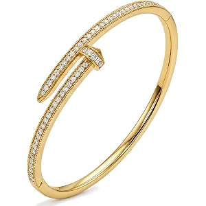 AuraLyric Gold Bracelets for Women, 14K Gold Plated Nail/Love/Emerald Green/Teardrop/Round White CZ Bangle Bracelets, Stackab