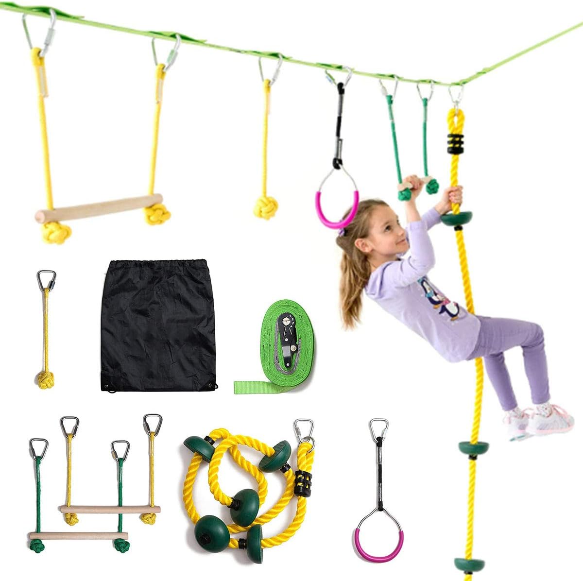 Amazon Com Namee 52ft Slackline Kit With Foot Balance Rope 2 Monkey Bars Nylon Rope Knots Gymnastic Rings And Nylon Carry Bag For Backyard Playground And Swing Accessories Capacity To 440ibs Toys Games