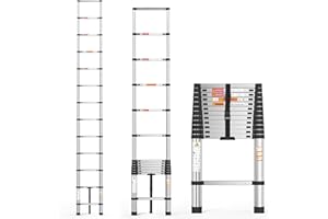 YIYAI Stainless Steel Telescoping Ladder, 12.5FT/3.8m Compact Folding Ladder with 330lbs Max Capacity and Tested to EN131 Folding Ladder, Anti-Slip Rubber Feet for Home, Outdoor, Attic, DIY Work