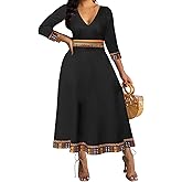 African Dresses for Women Elegant V Neck 3/4 Sleeve Casual Long Maxi African Attire Dress