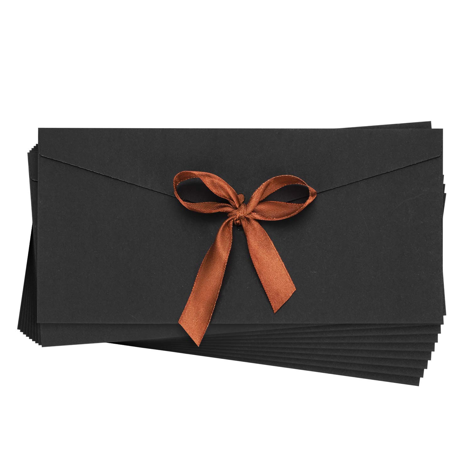 10 Pack Black Kraft Paper Envelopes with Ribbons for Gift Cards, Wedding Invitations, Greeting Letters, Birthday and Festival Cards - Retro Handmade Style